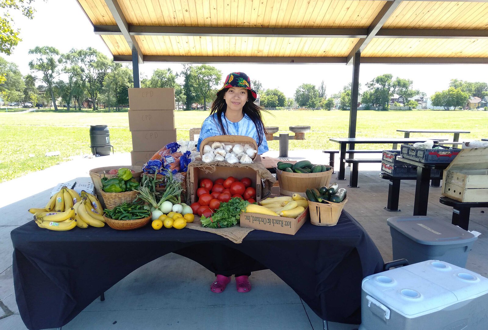 A farm stand at Patton Park in Detroit, sponsored by Henry Ford Health, Come Play Detroit, and Eastern Market.