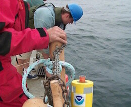 NOAA GLERL scientists deploy a thermistor chain for long-term temperature monitoring in southern Lake Michigan, 1999.