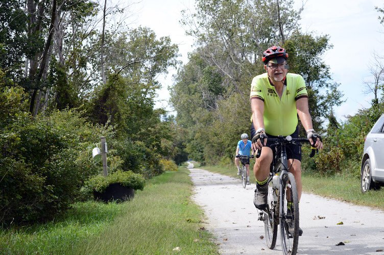 GLTL riders arriving at the Mentha stop on the Kal-Haven Trail.