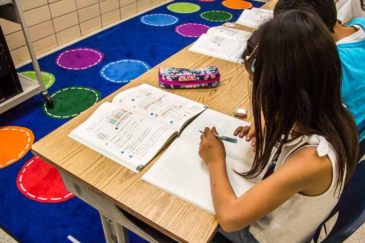 In the classroom at Saturday School for students who want to keep up with their couterparts in Japan.