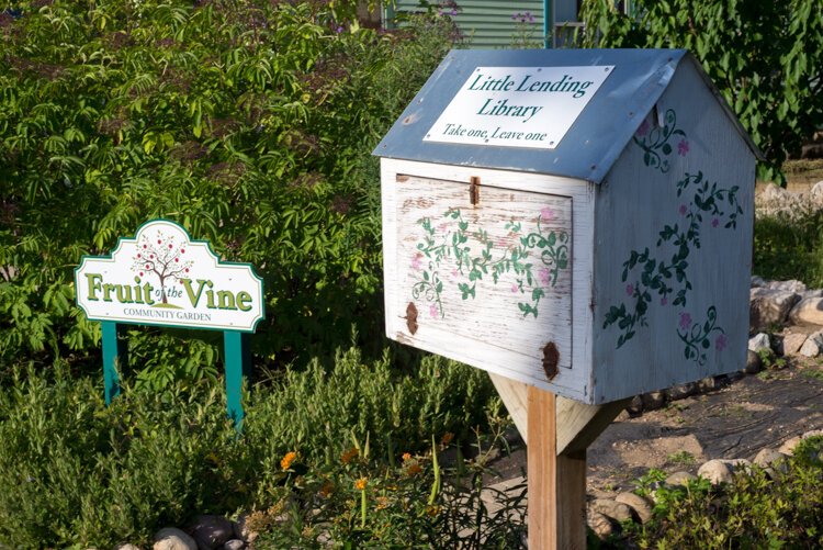  Both Fruit of the Vine and the Oak Street Community Garden sponsor a Little Free Library, a perfect pairing.