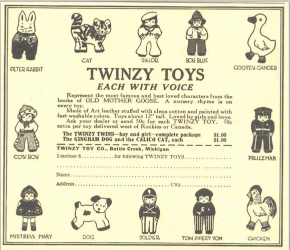 A magazine advertisement showing the price of Twinsy Toys back in the day.