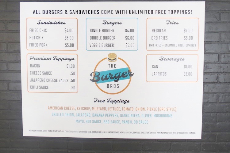 The Burger Bros menu is based on a simple concept of burgers, fries and toppings.