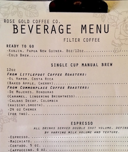 A look at part of the menu from Rose Gold Coffee Company.