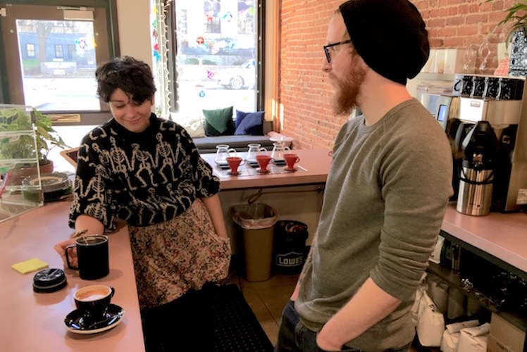 Rose Bousamra and Braden Strayer at Rose Gold Coffee Company in downtown Kalamazoo.