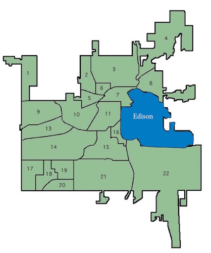 Grapic by Kathy Jennings and Wikipedia Creative Commons 1. Westwood 2. West Douglas 3. Northside 4. Burke Acres 5. West Main Hill 6. Stuart 7. Central Business District 8, Eastside 9. Arcadia 10. WMU/KRPH 11. Vine 12. Edison 13. Knollwood 14. Oakland/Winchell 15. Westnedge Hill 16. Southside 17. Colony Farm 18.Parkview Hills 19. Oakwood 20. Hill N' Brook 21.South Westnedge 22. Milwood 