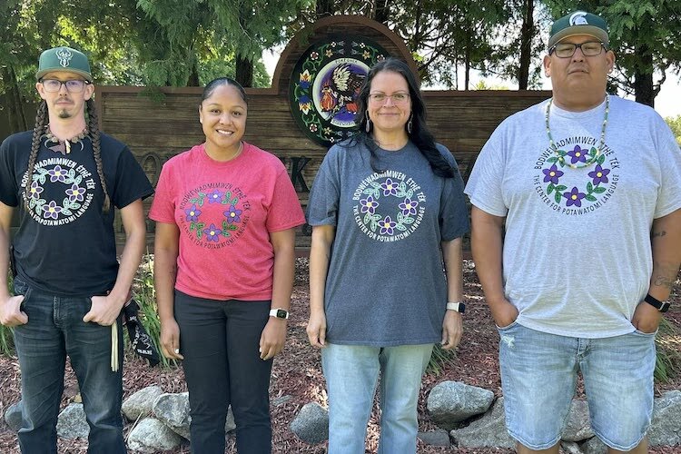 From l to r: Language Instructor Kyle Malott, Language Apprentice Dejonay Morseau, Language Instructor Carla Collins, and Mike Medawis
