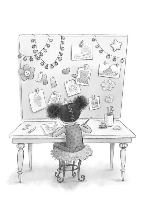 Princess Mackie draws pictures of things she’d like in her “castle” in this illustration from Princess Mackie Buys a House.