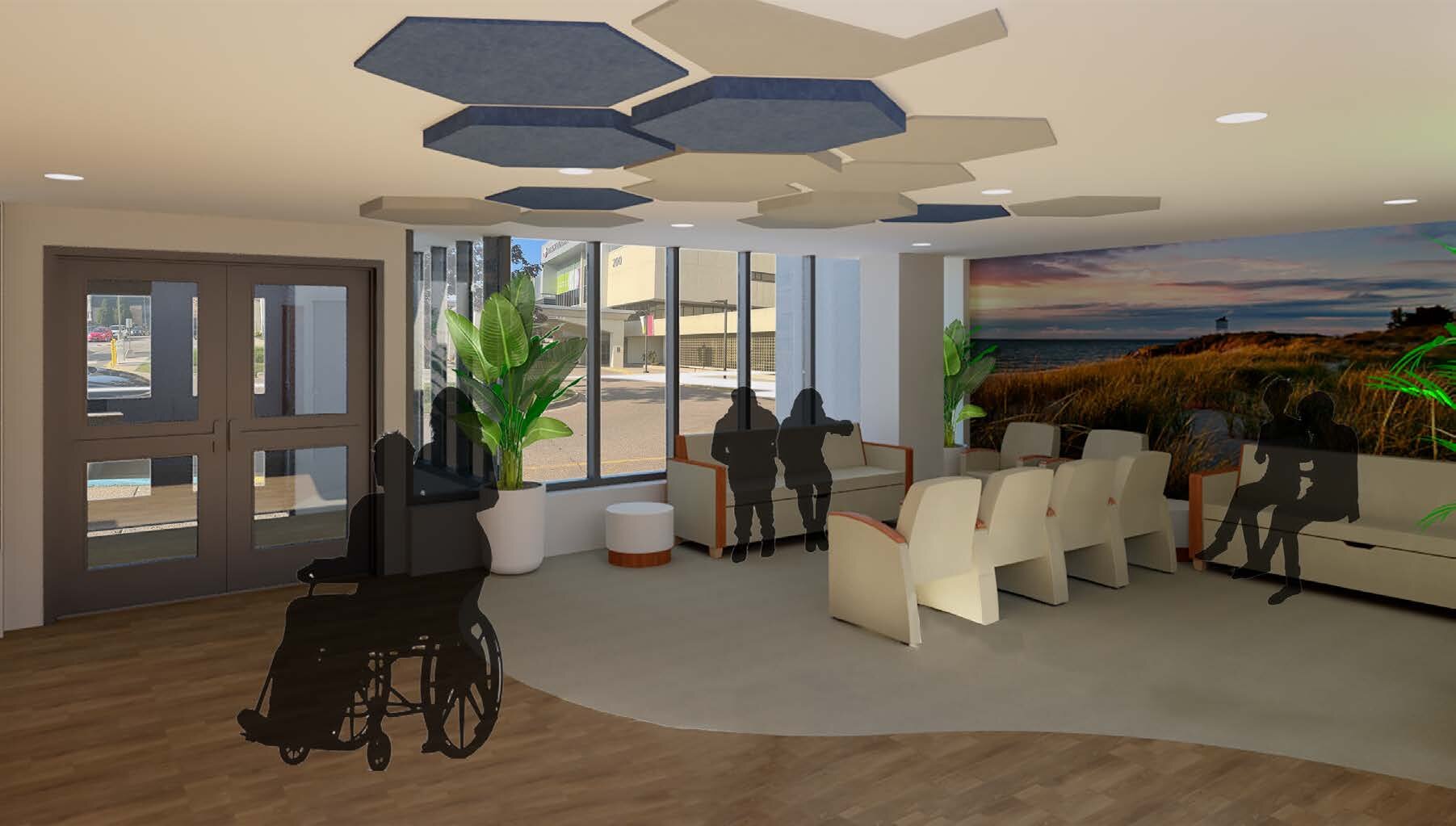 A rendering of the reception area at the forthcoming Behavioral Health Crisis Center in Grand Rapids.