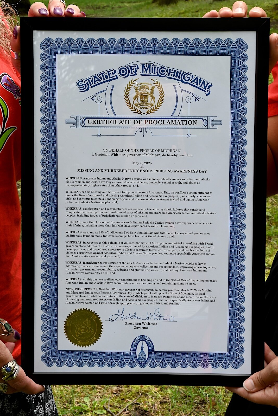 Proclamation from Michigan Governor Gretchen Whitmer declaring May 5, 2025 as Missing and Murdered Indigenous Persons Awareness Day.