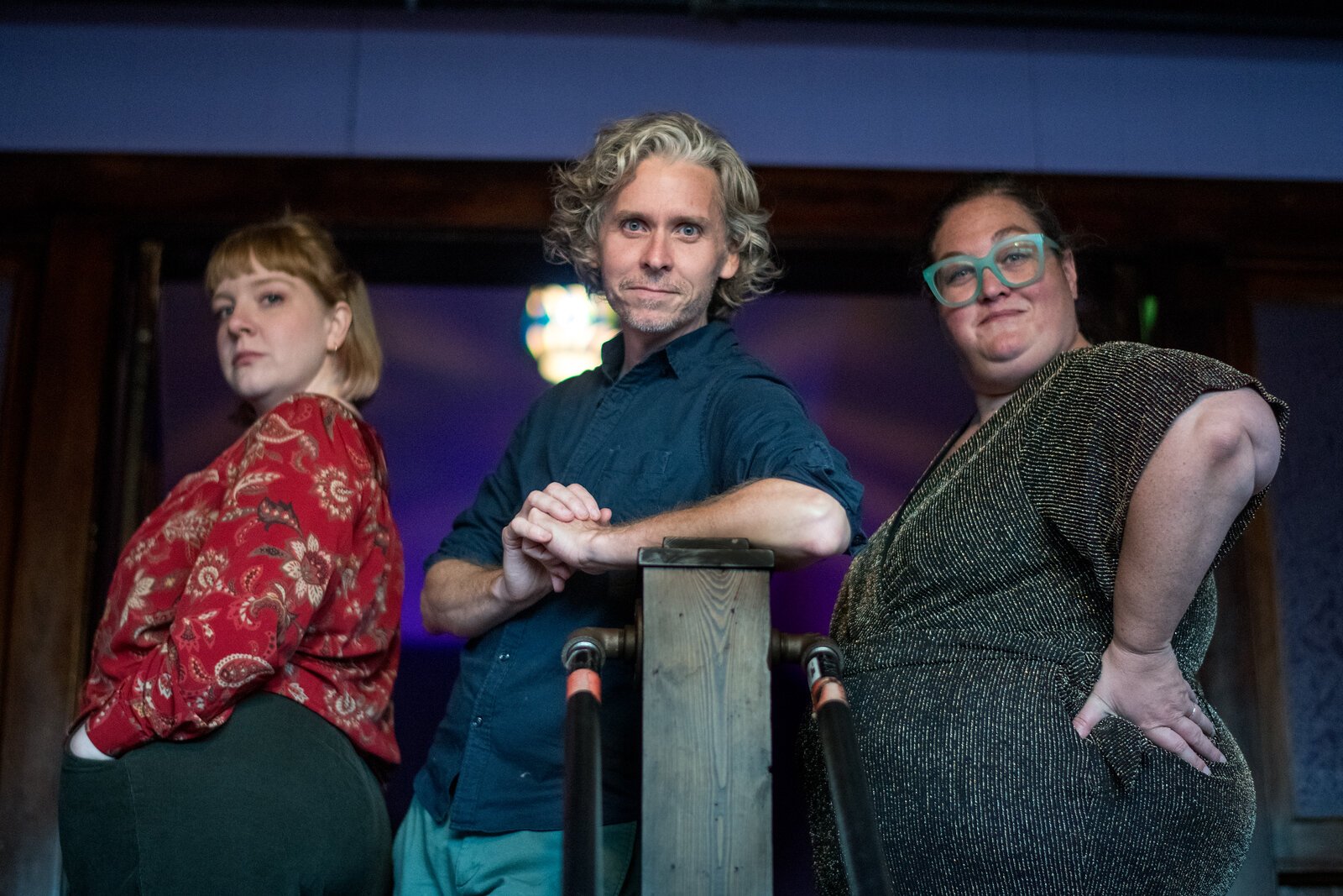 The Dormouse Theatre troupe at the Edison Neighborhood Association Variety Show to help raise funds for down payment housing assistance. They are Anna Karpinski, Stephen Dupuie, and Adrienne Waller.