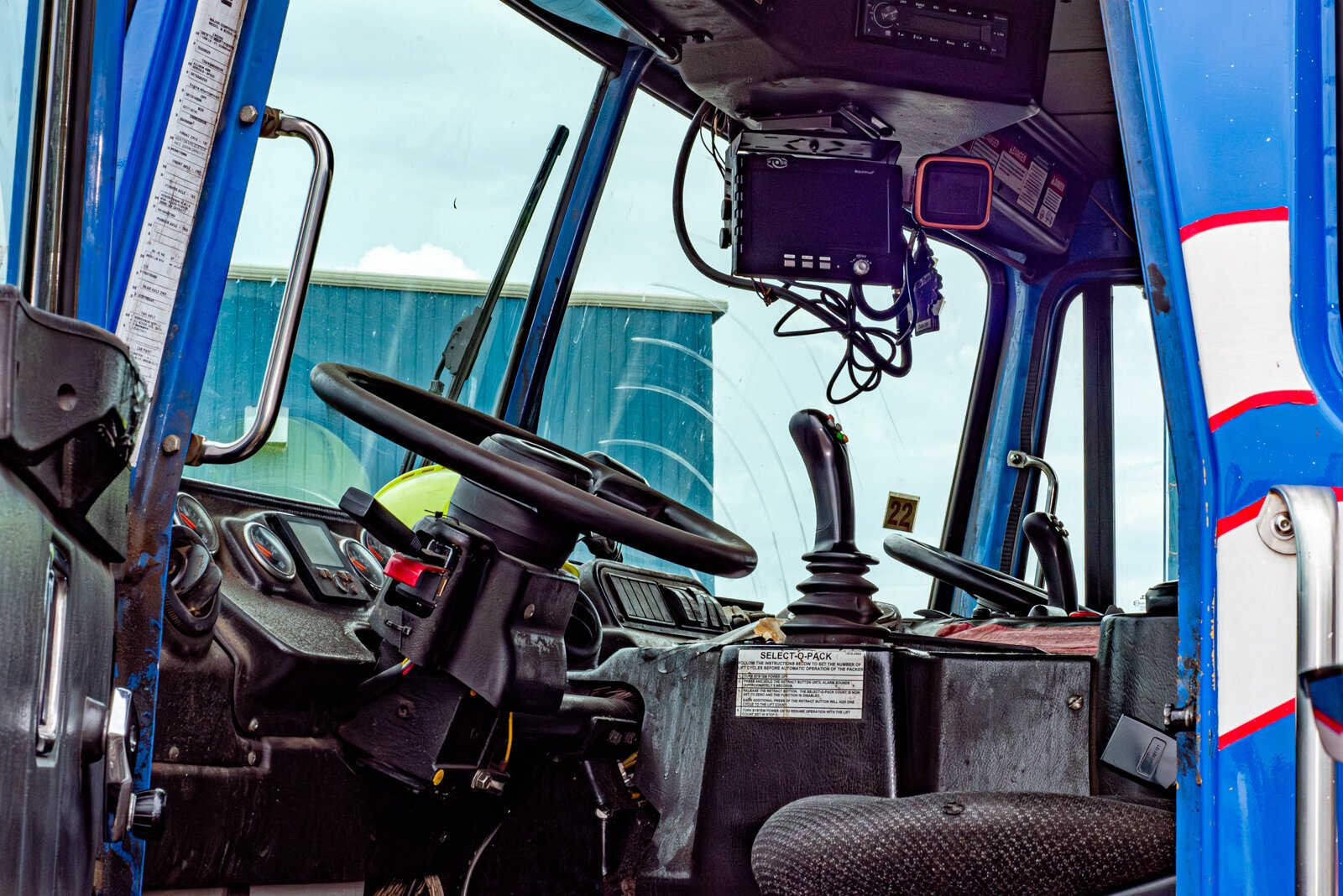 Inside view of the recycling truck cab