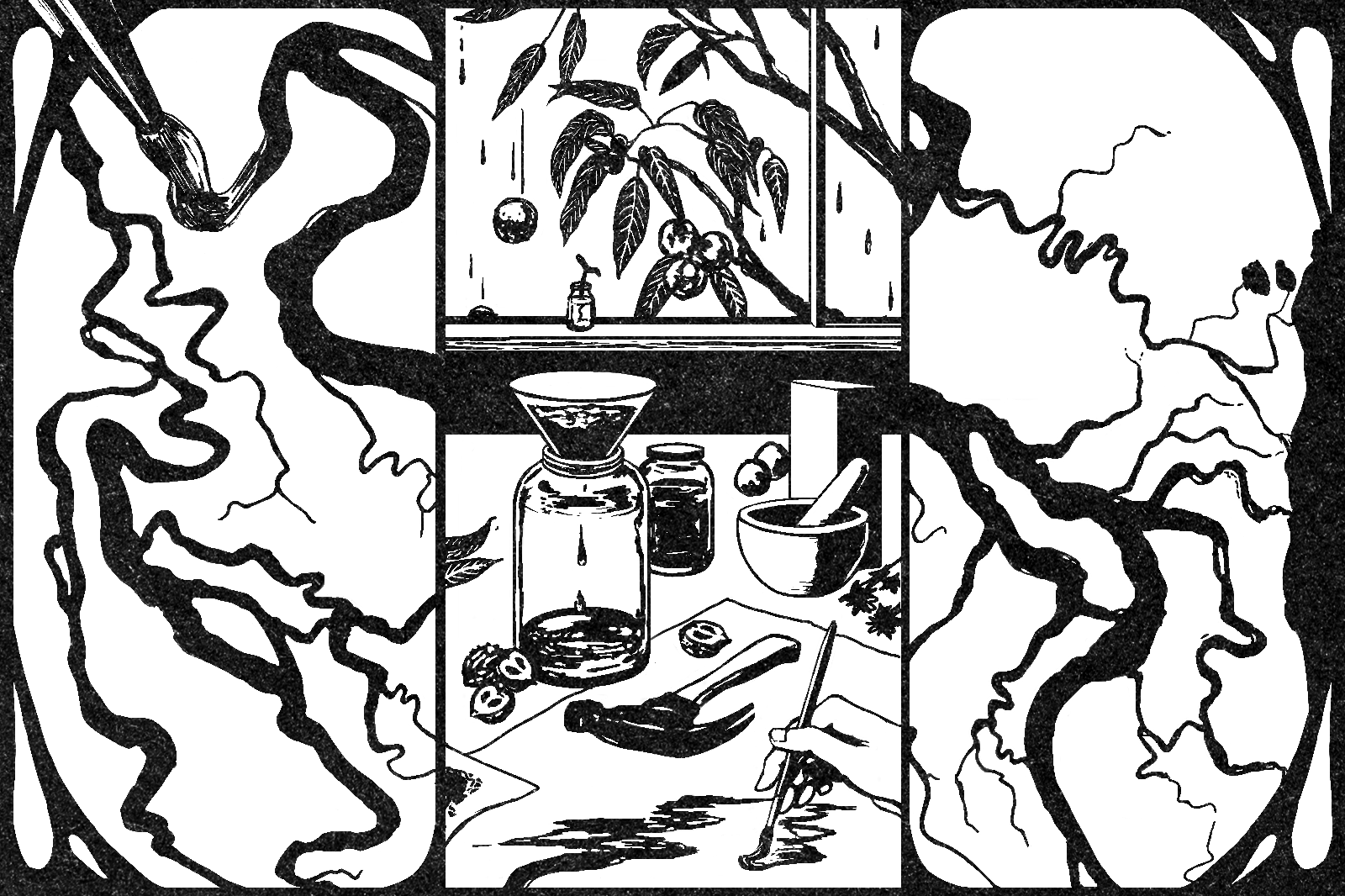 Series Teaser: Green Art: "A person painting a river with homemade walnut ink and watercolor eco-lake pigments on a rainy day, reducing the amount of PFAs in the water that acrylic paints contribute."