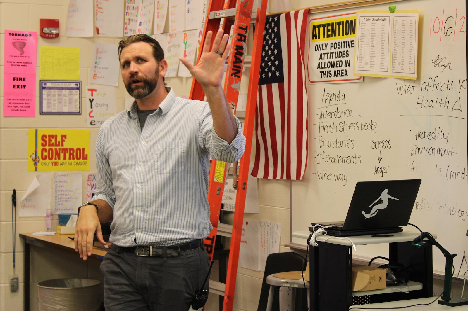 Three Rivers Middle School Guidance Counselor Aaron Hess teaches a sixth-grade class about coping skills during a TRAILS lesson.