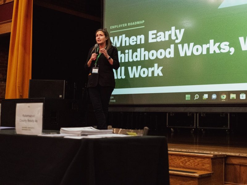 Kathy Szenda-Wilson, Co-Director of Pulse at the W.E. Upjohn Institute for Employment Research delivers a presentation at a recent summit to discuss business options for employers whose employees need childcare alternatives.