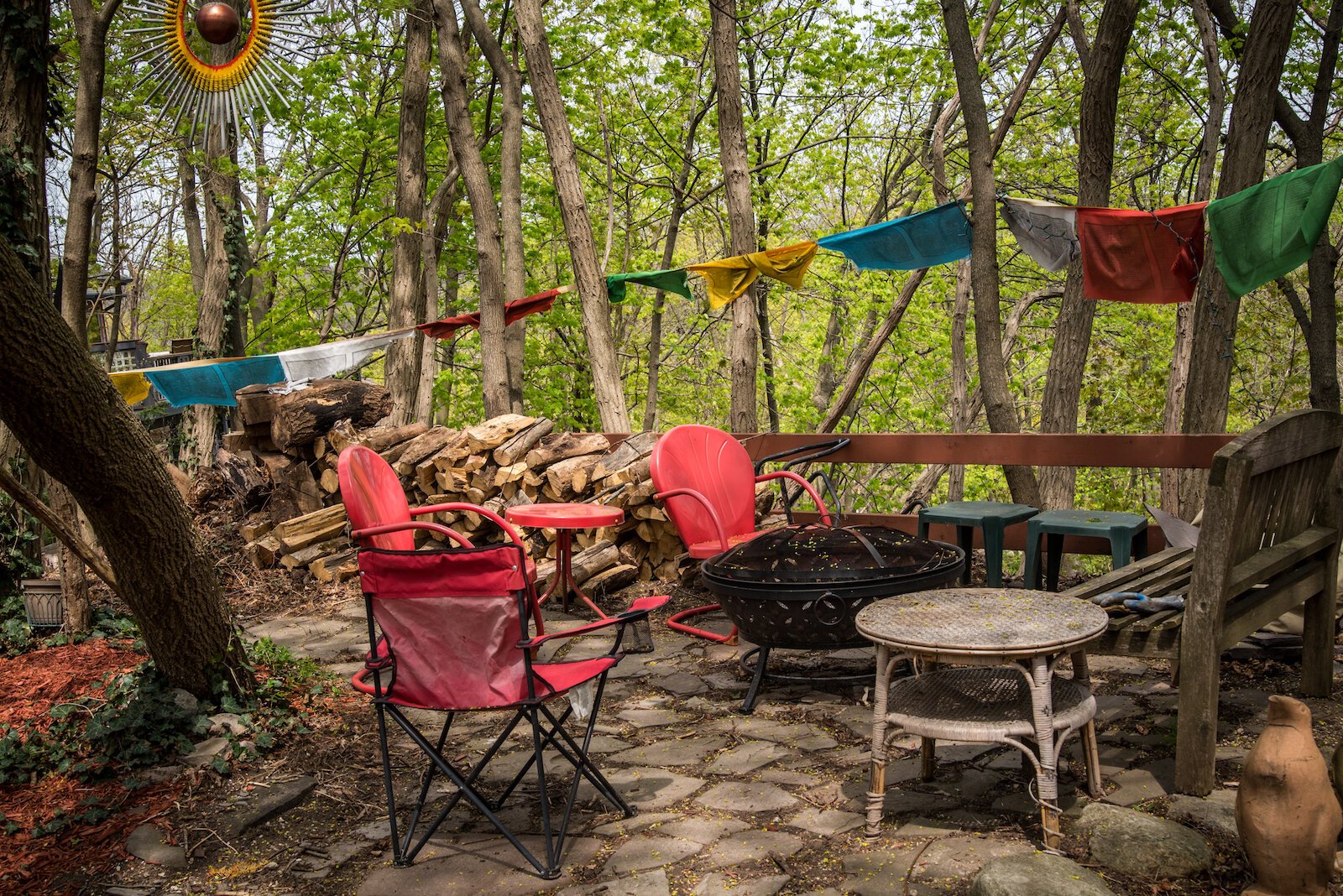 Tibetan prayer flags hang in the "state park" area of Prospect Street, north of Main Street.