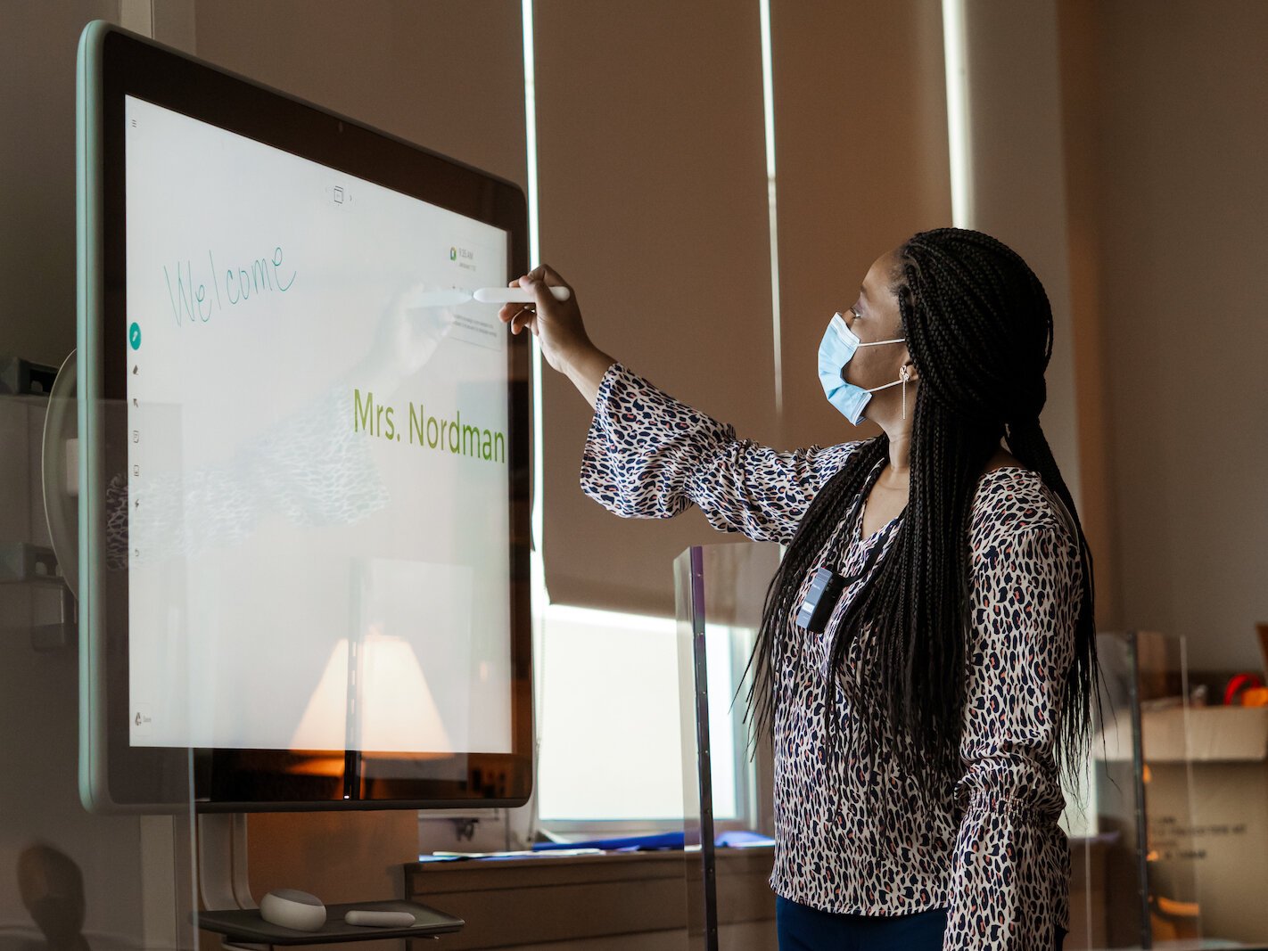 Jamesia Nordman, an English Language Arts teacher at the Battle Creek Public Schools STEM Middle School, teaching to her class.