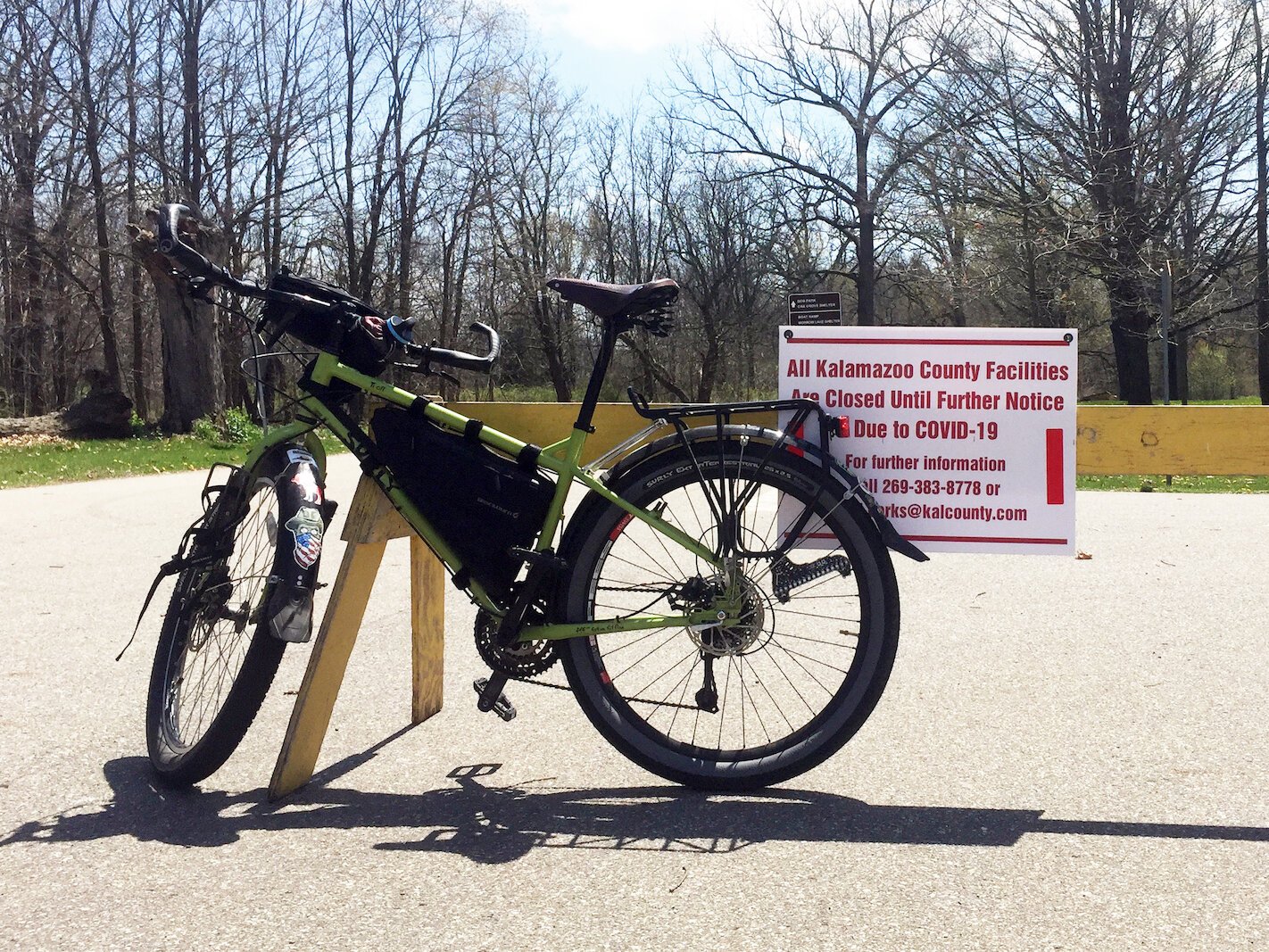 Mark Wedel’s bike on a Kalamazoo River Valley Trail ride May 2. Kalamazoo area parks and park facilities have been closed due to COVID-19, but so far the trails have remained open.