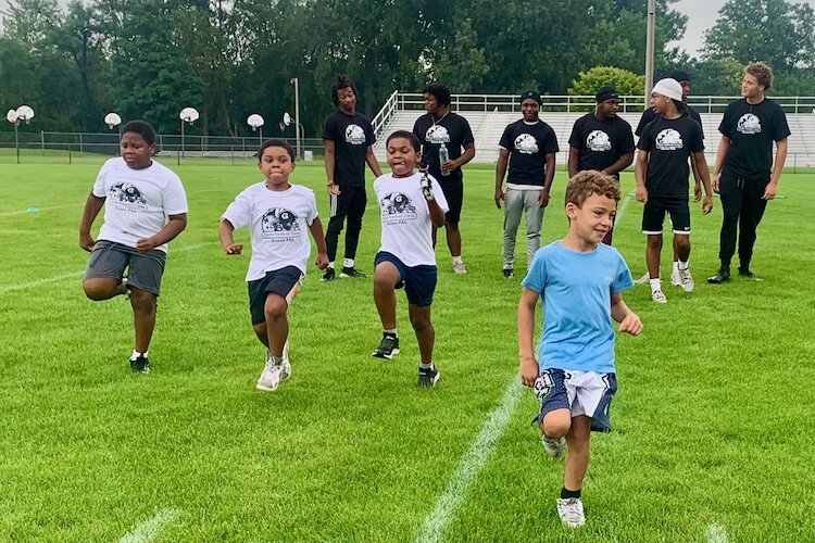 Youngsters from ages 6 to 14 lined up Saturday, Aug. 26, 2025 at Mayor’s Riverfront Park for the first annual Kalamazoo Youth Football Camp.